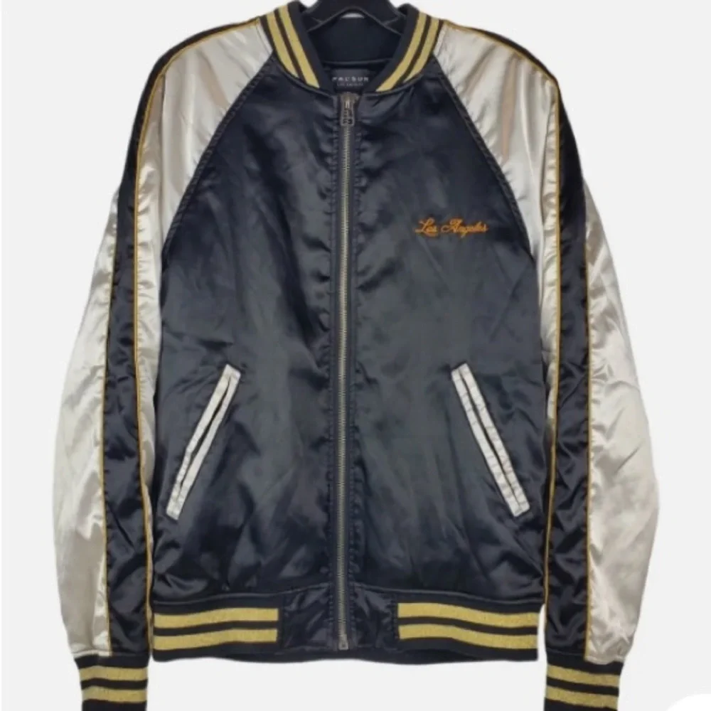 PACSUN Jacket Mens Small Black TIGER LOS ANGELES Satin Bomber Coat Embroidered